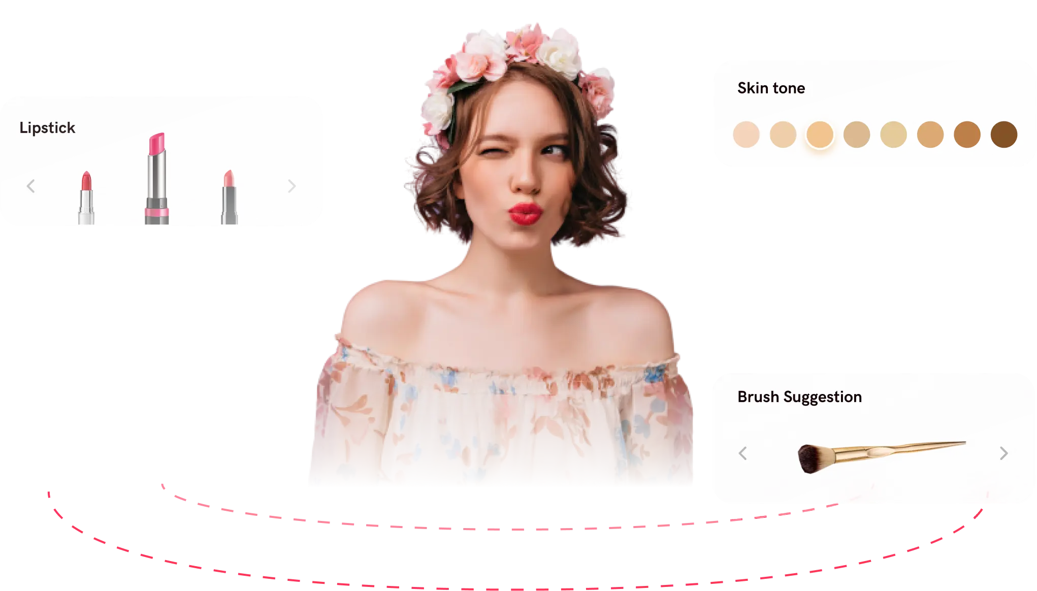 A girl is being recommended products using virtual makeup try-on and AI skin analysis
